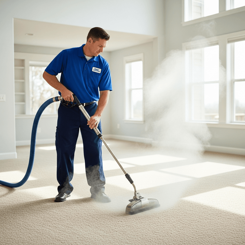Professional carpet cleaning in progress