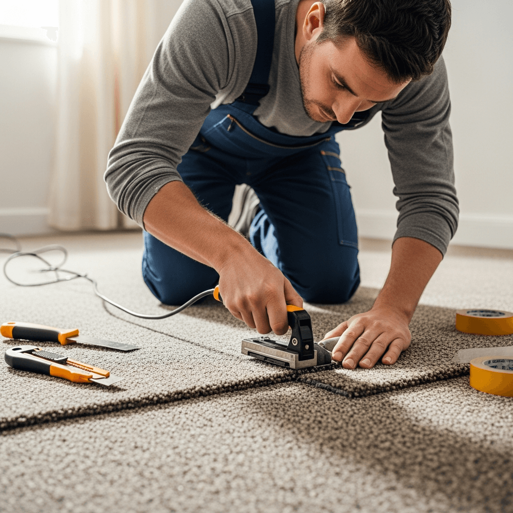Professional carpet repair and patching in progress