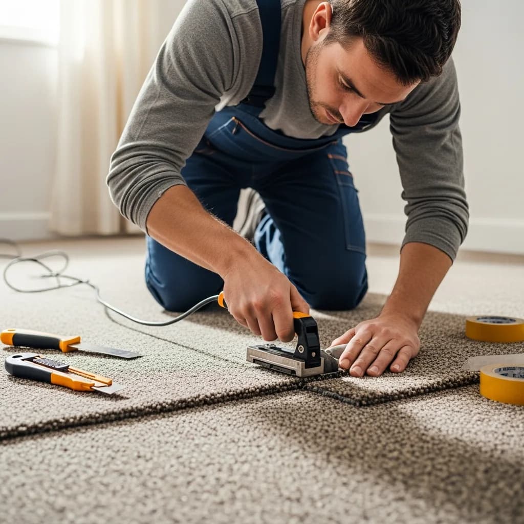 Professional carpet repair and patching in progress