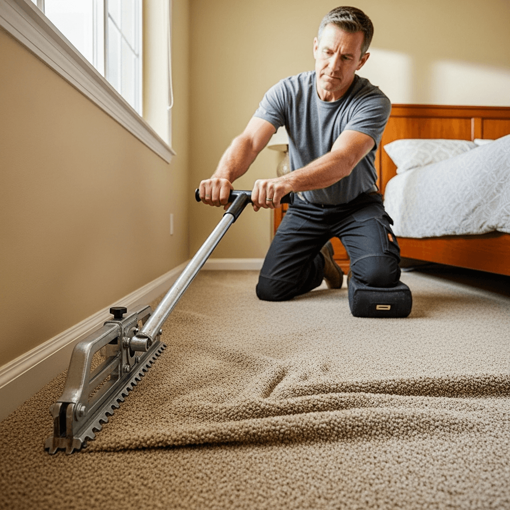 Professional carpet restretching and power stretching in progress