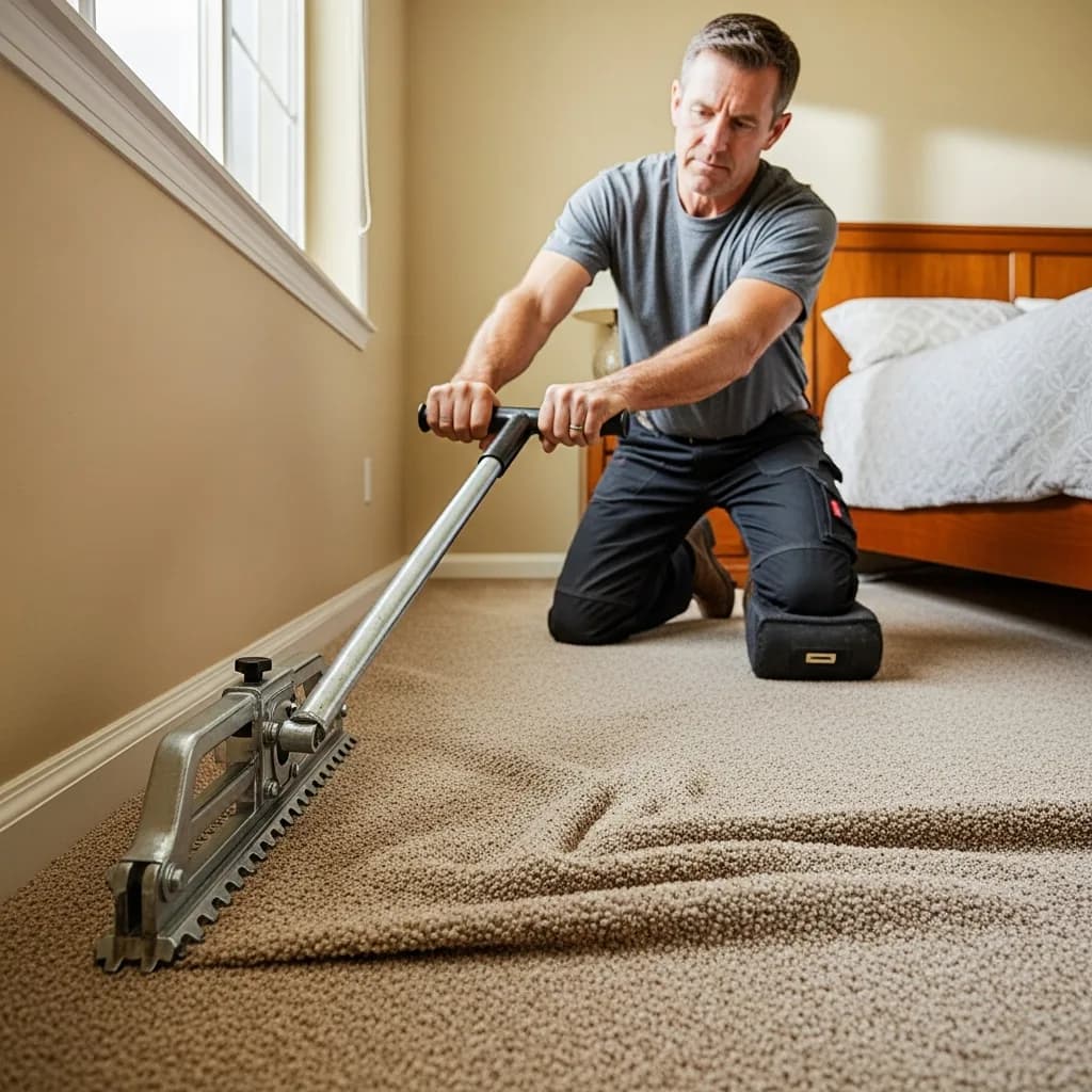 Professional carpet restretching and power stretching in progress
