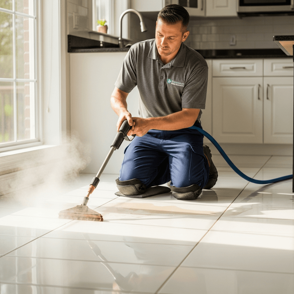Professional tile and grout cleaning in progress